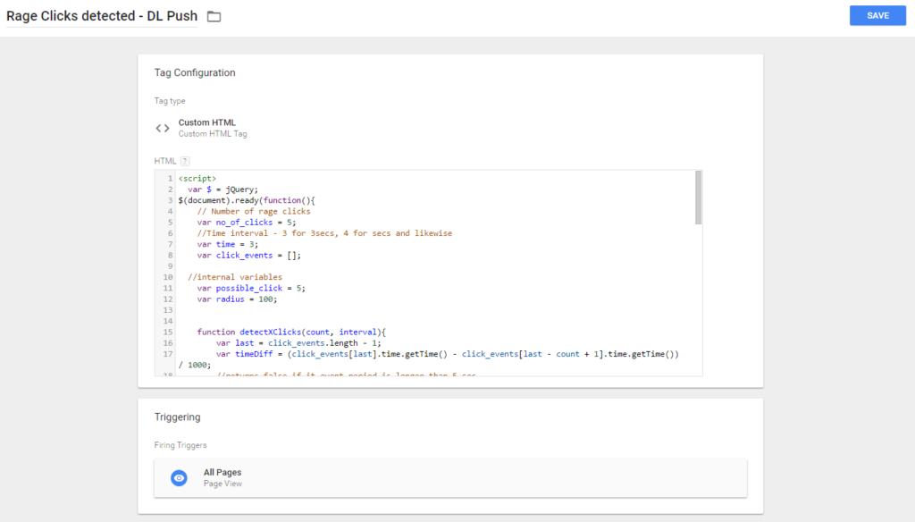 Add script to GTM to detect rage clicks