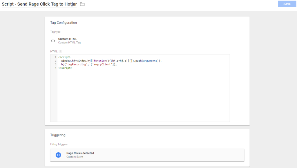 GTM send a tag to hotjar when rage clicks are detected